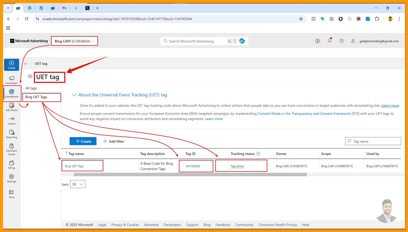 Bing ads - UET tags - Tag Active