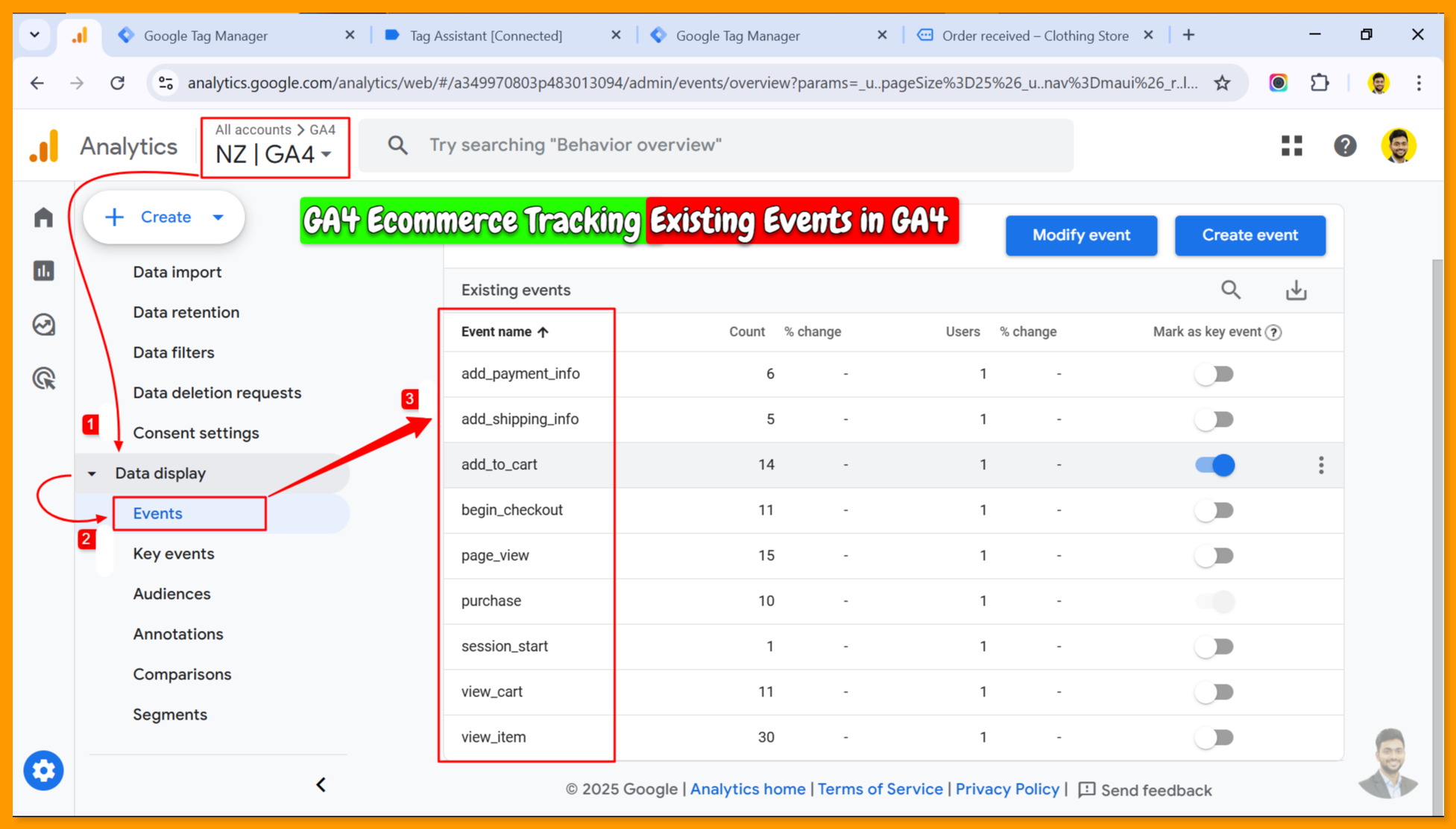 Ecommerce Existing Events in GA4