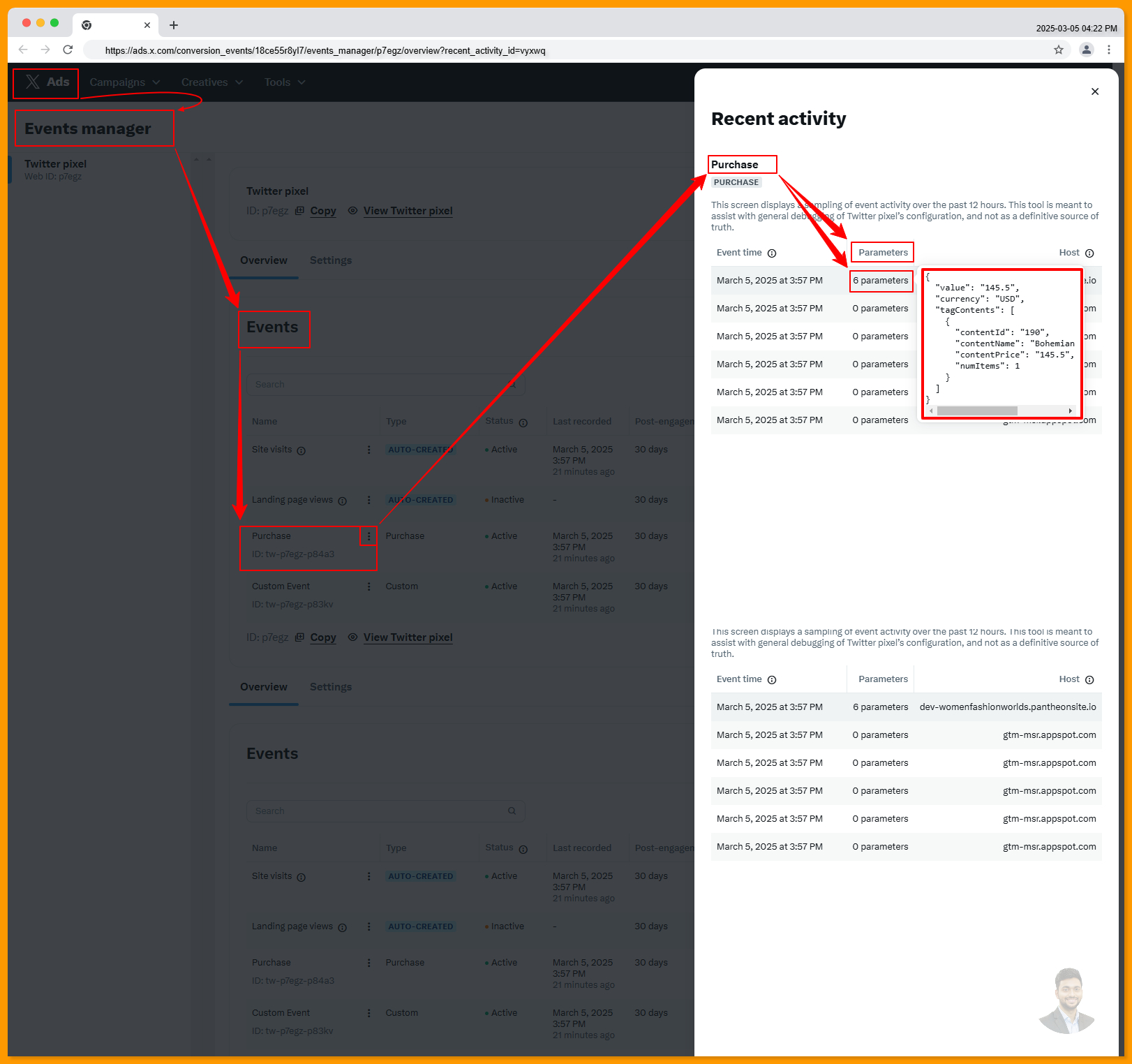Events and Parameters Events Manager