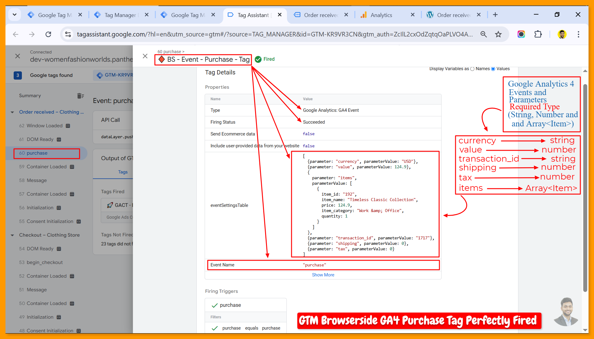GTM Browserside GA4 purchase tag perfectly fired