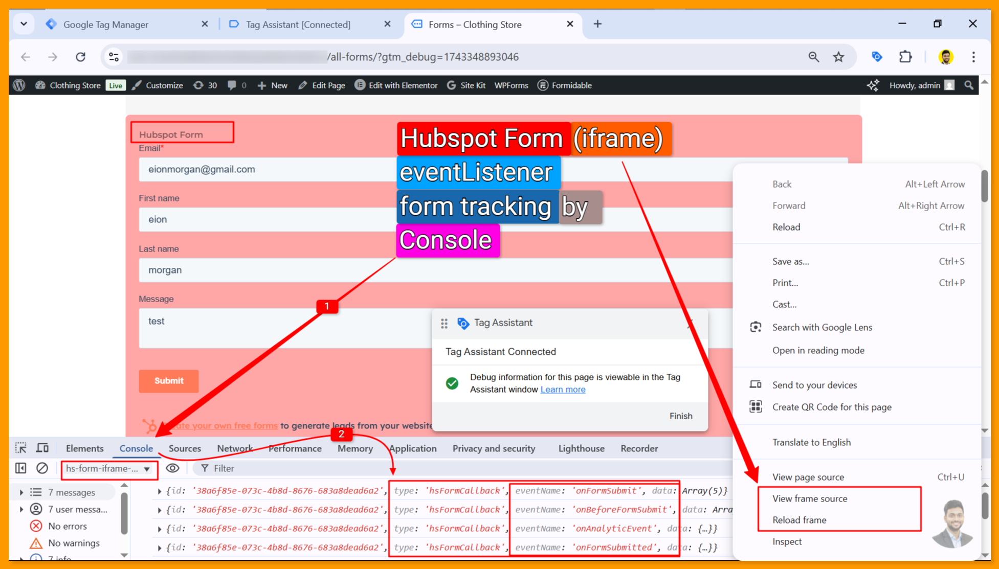 Hubspot iframe Console View