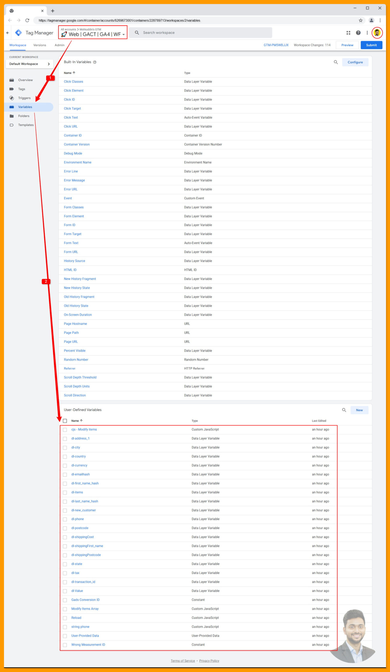 All Variables created in the Google Tag Manager browser container for Google Ads Conversion tracking and Google Analytics 4