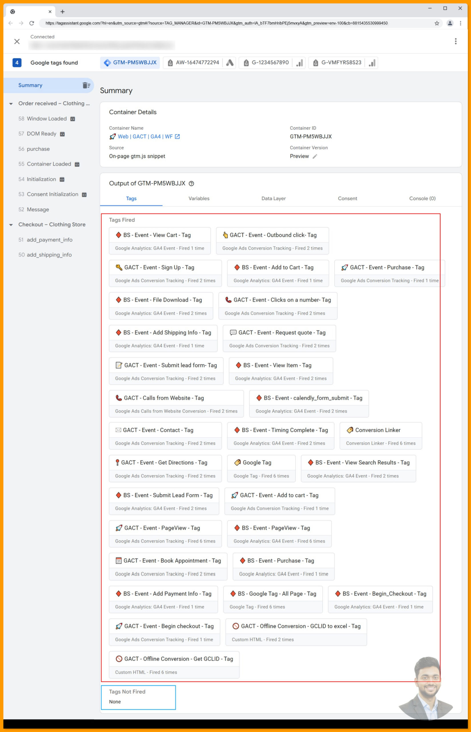 All tags are firing in the Google Tag Manager browser container for Google Ads Conversion tracking and Google Analytics 4