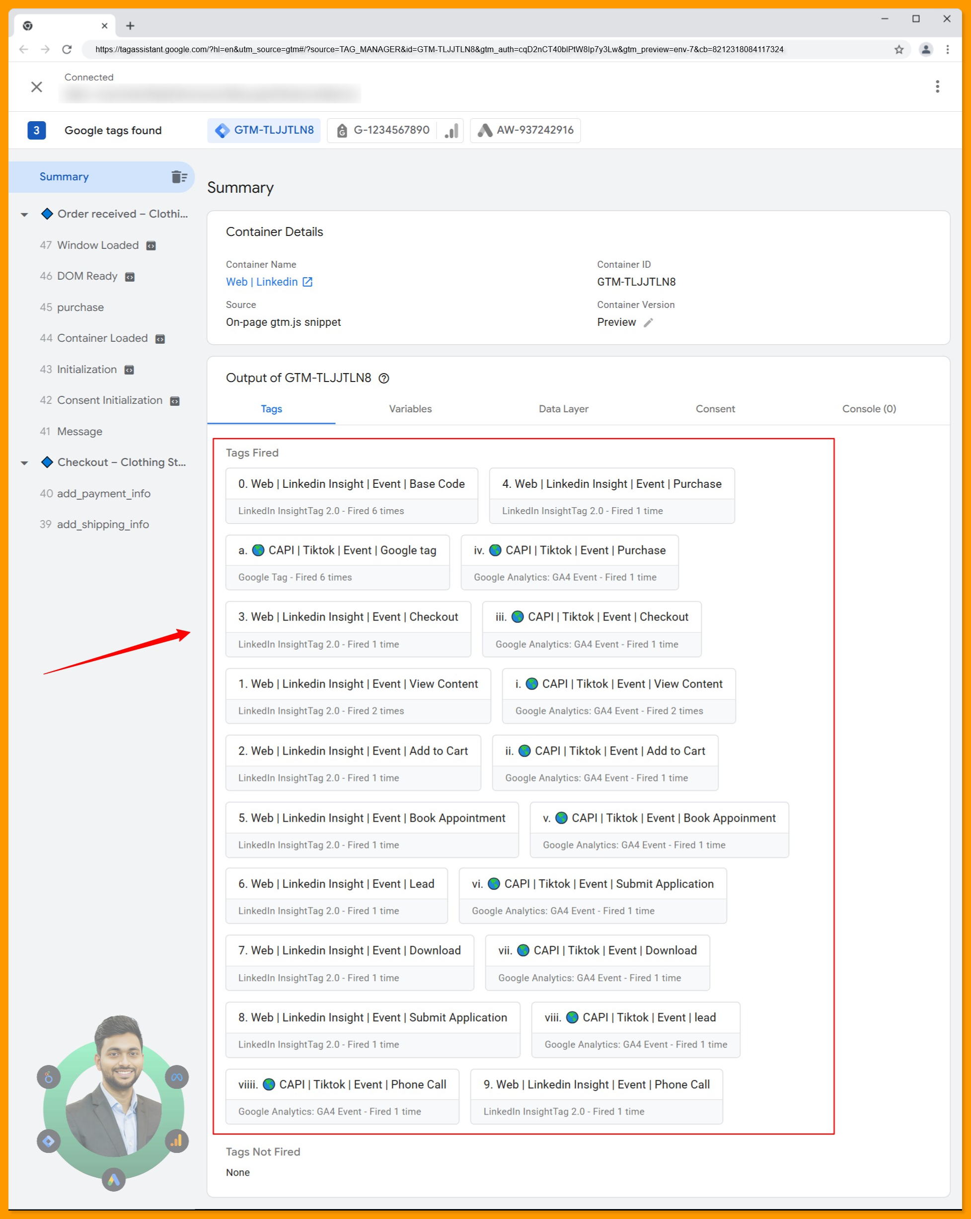 All tags are firing in the Google Tag Manager browser container for Linkedin ads conversion tracking