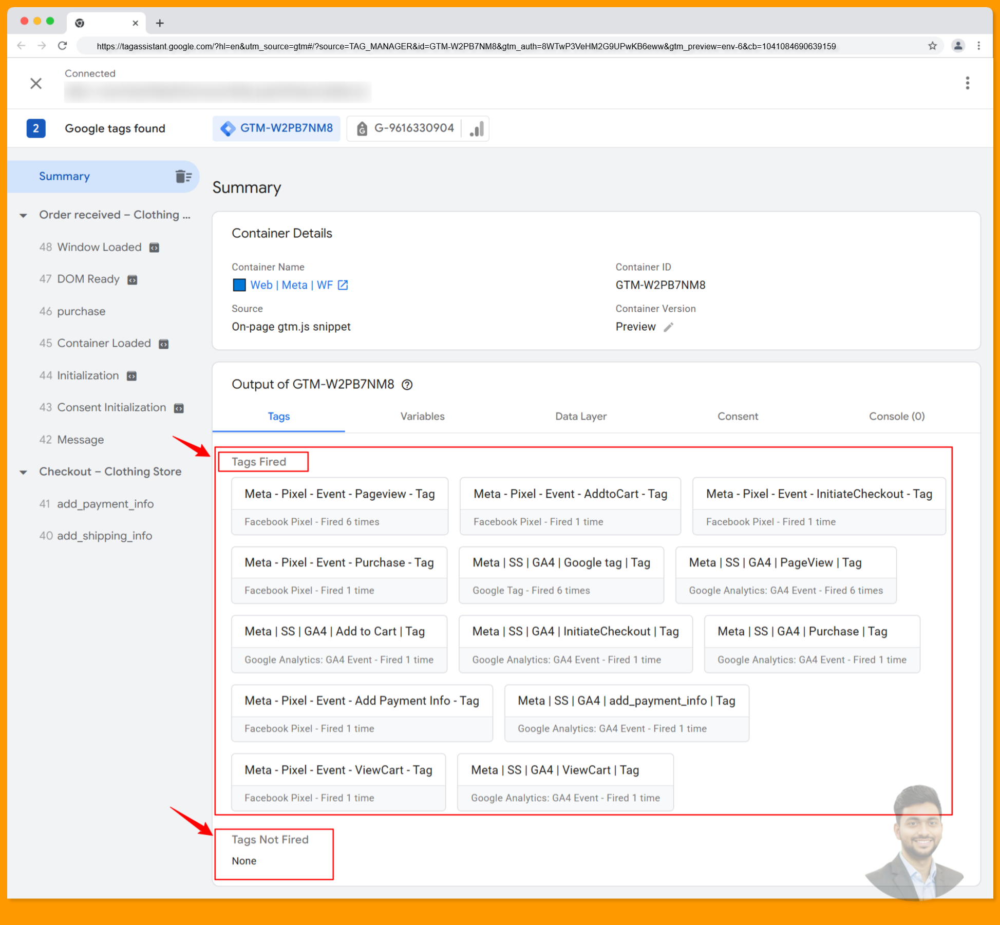All tags are firing in the Google Tag Manager browser container for Meta Pixel Conversion API