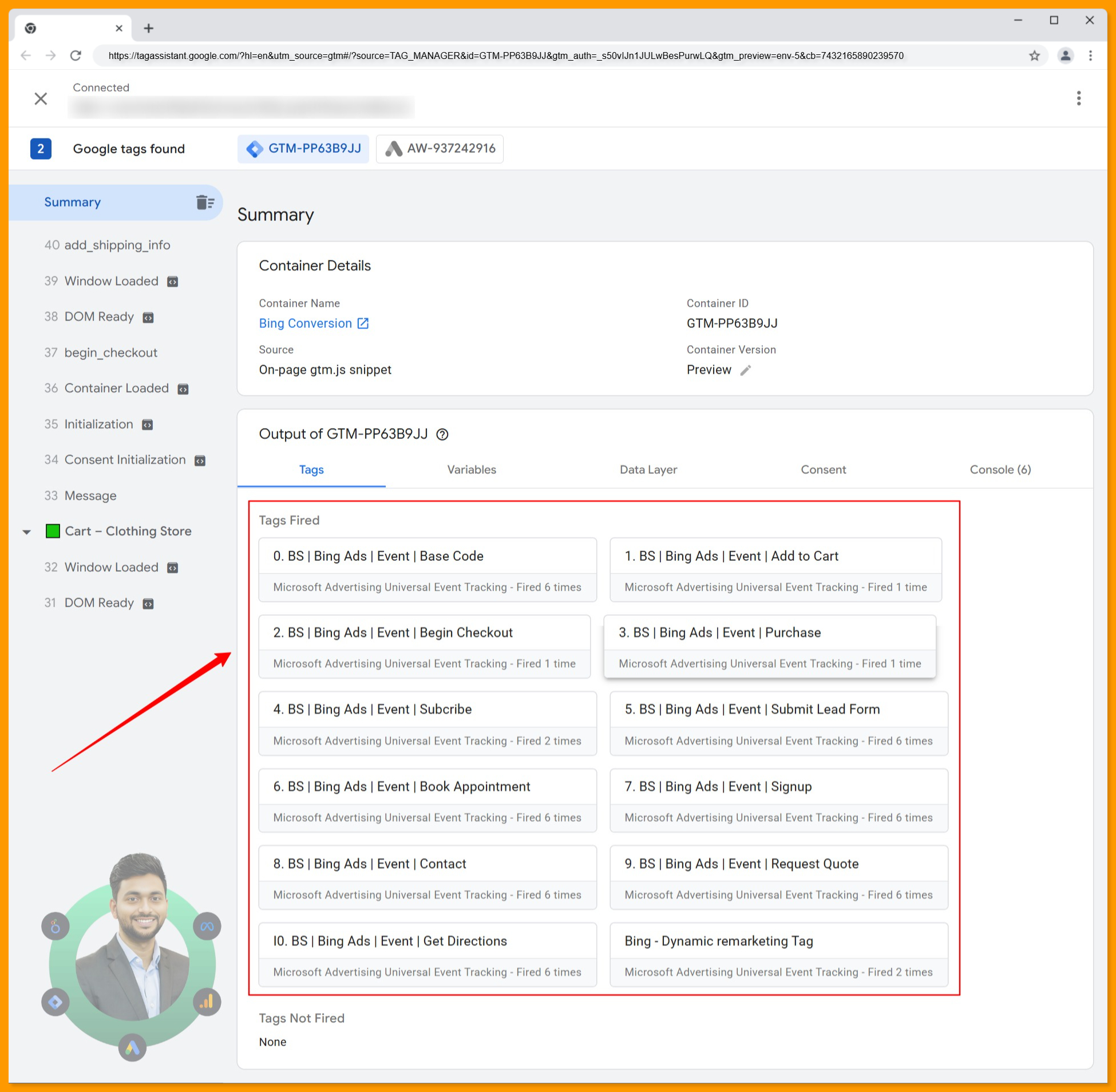 All tags are firing in the Google Tag Manager browser container for Microsoft bing ads