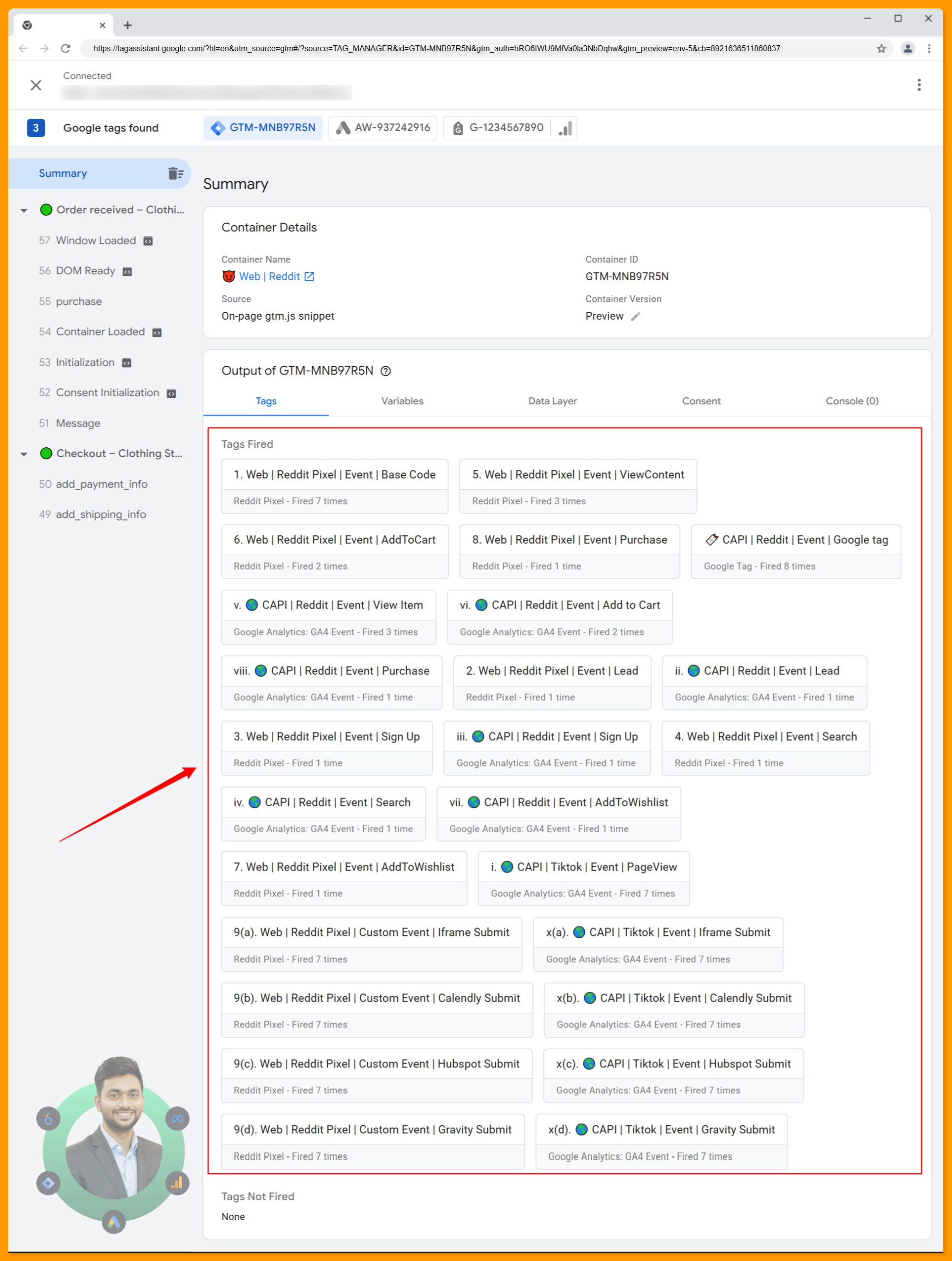 All tags are firing in the Google Tag Manager browser container for Reddit conversion tracking