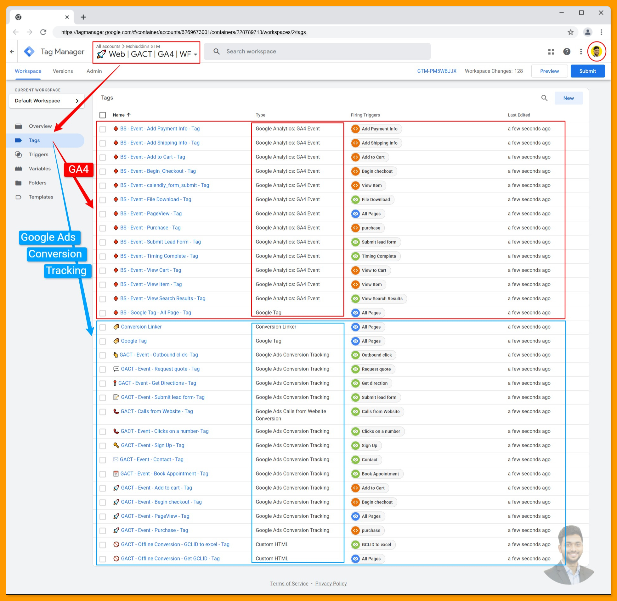 All tags created in the Google Tag Manager browser container for Google Ads Conversion tracking and Google Analytics 4