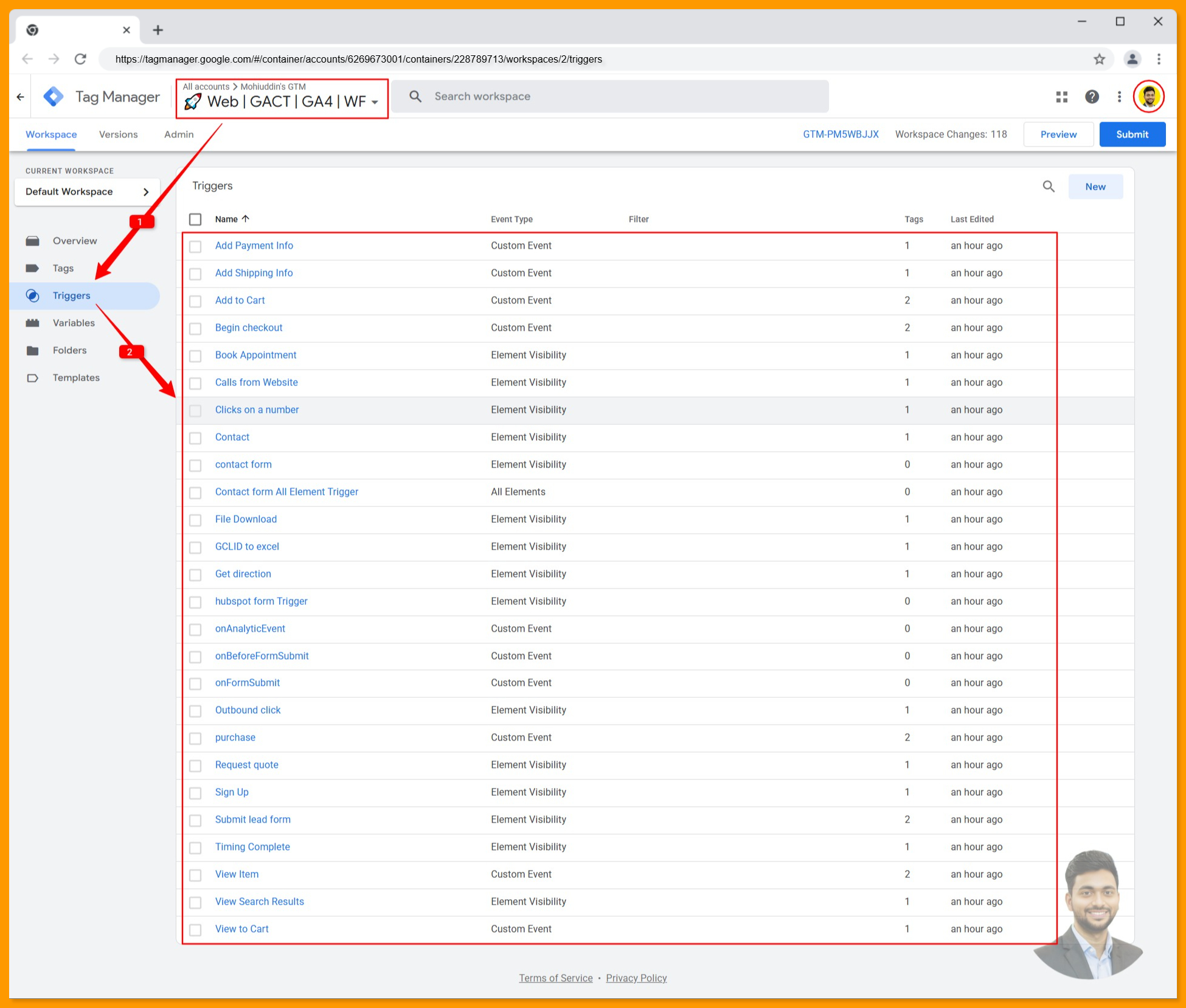 All triggers created in the Google Tag Manager browser container for Google Ads Conversion tracking and Google Analytics 4