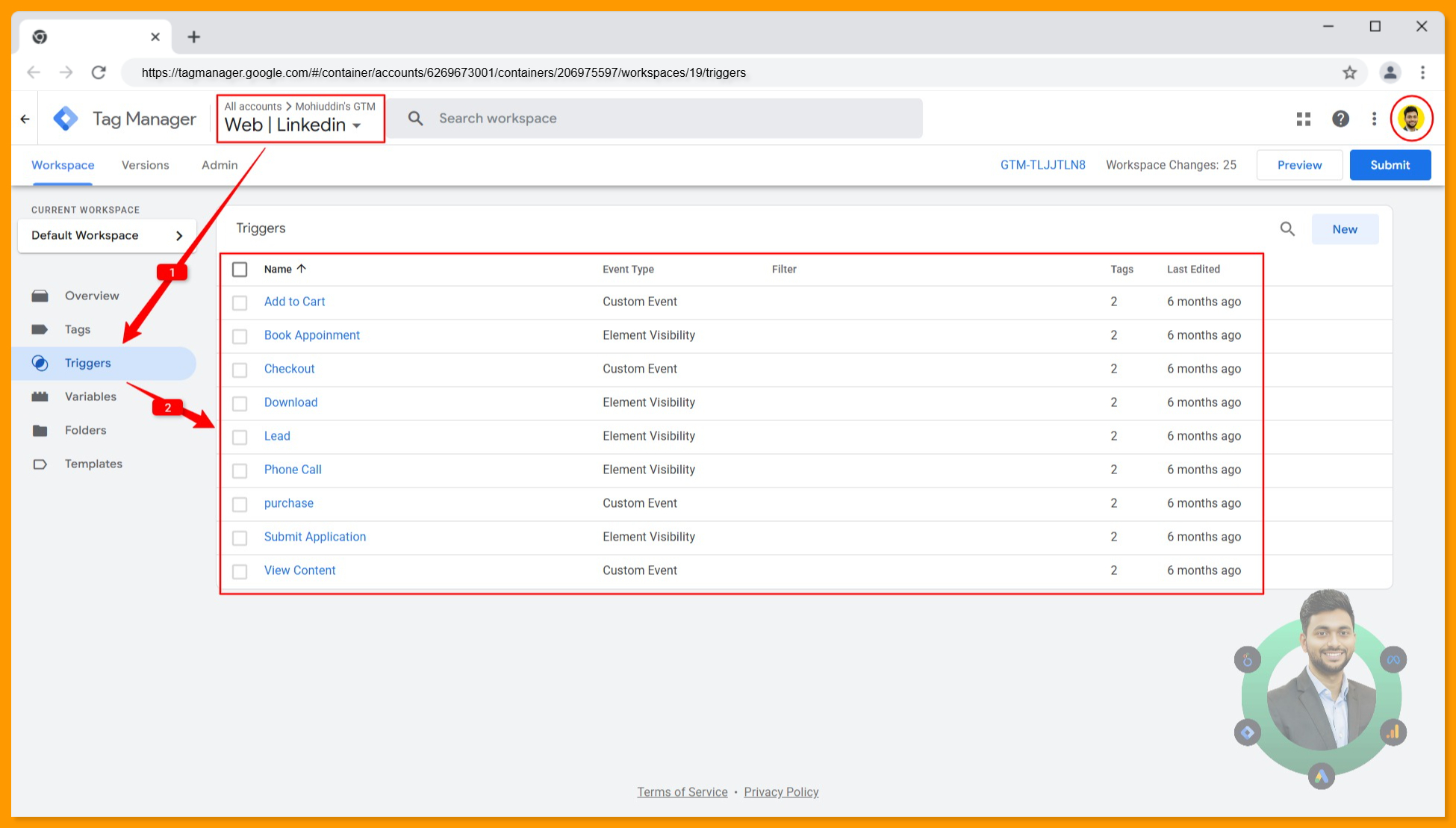 All triggers created in the Google Tag Manager browser container for Linkedin ads conversion tracking