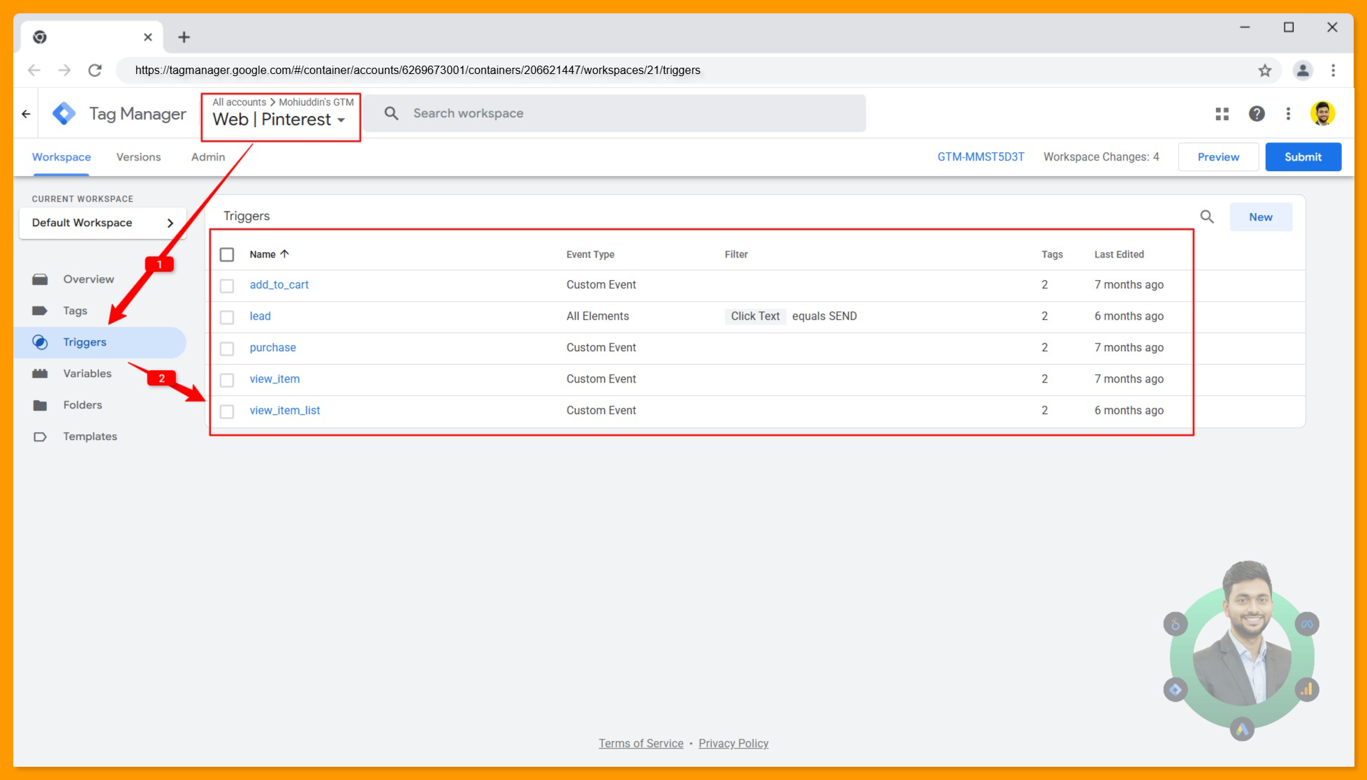 All triggers created in the Google Tag Manager browser container for Pinterest ads conversion tracking