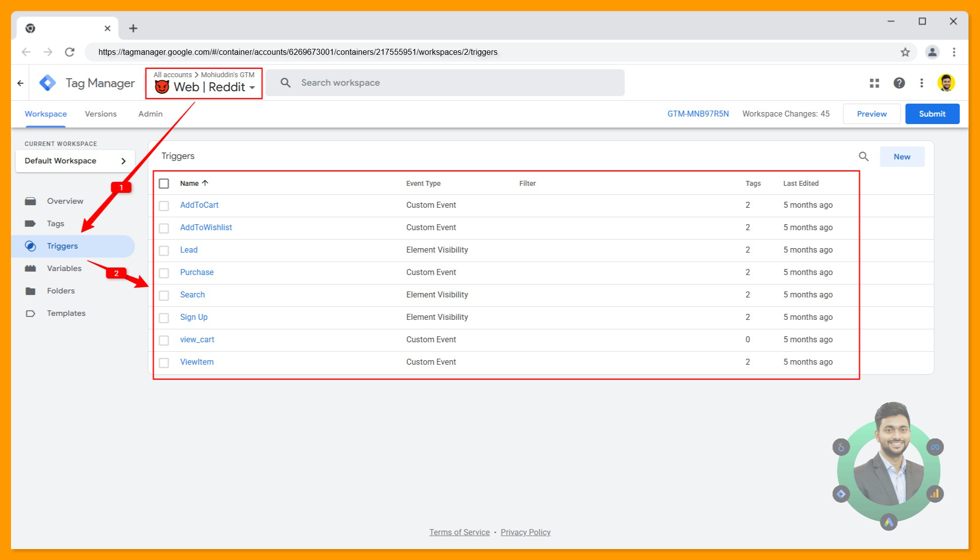 All triggers created in the Google Tag Manager browser container for Reddit ads conversion tracking
