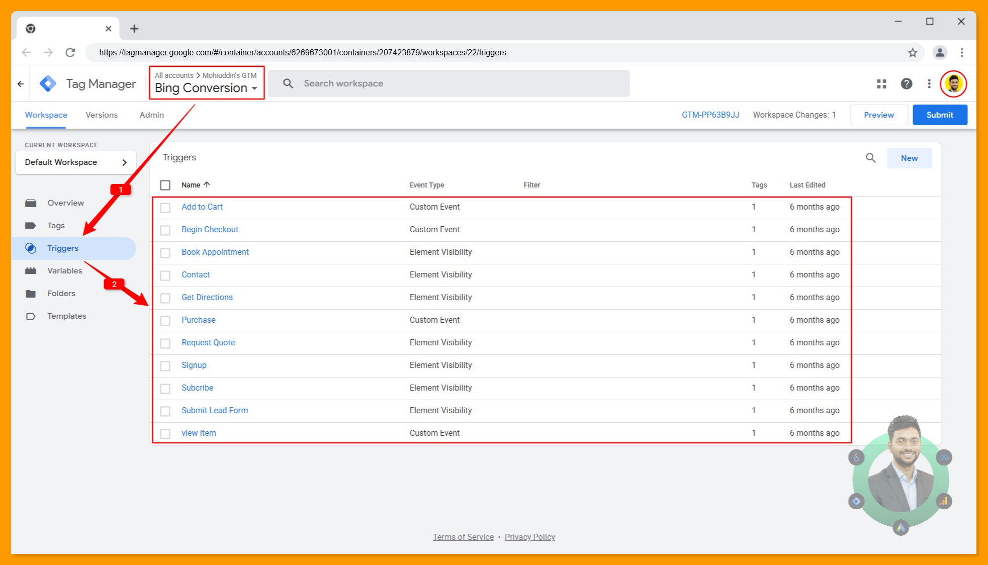 All triggers created in the Google Tag Manager browser container for microsoft bing ads conversion