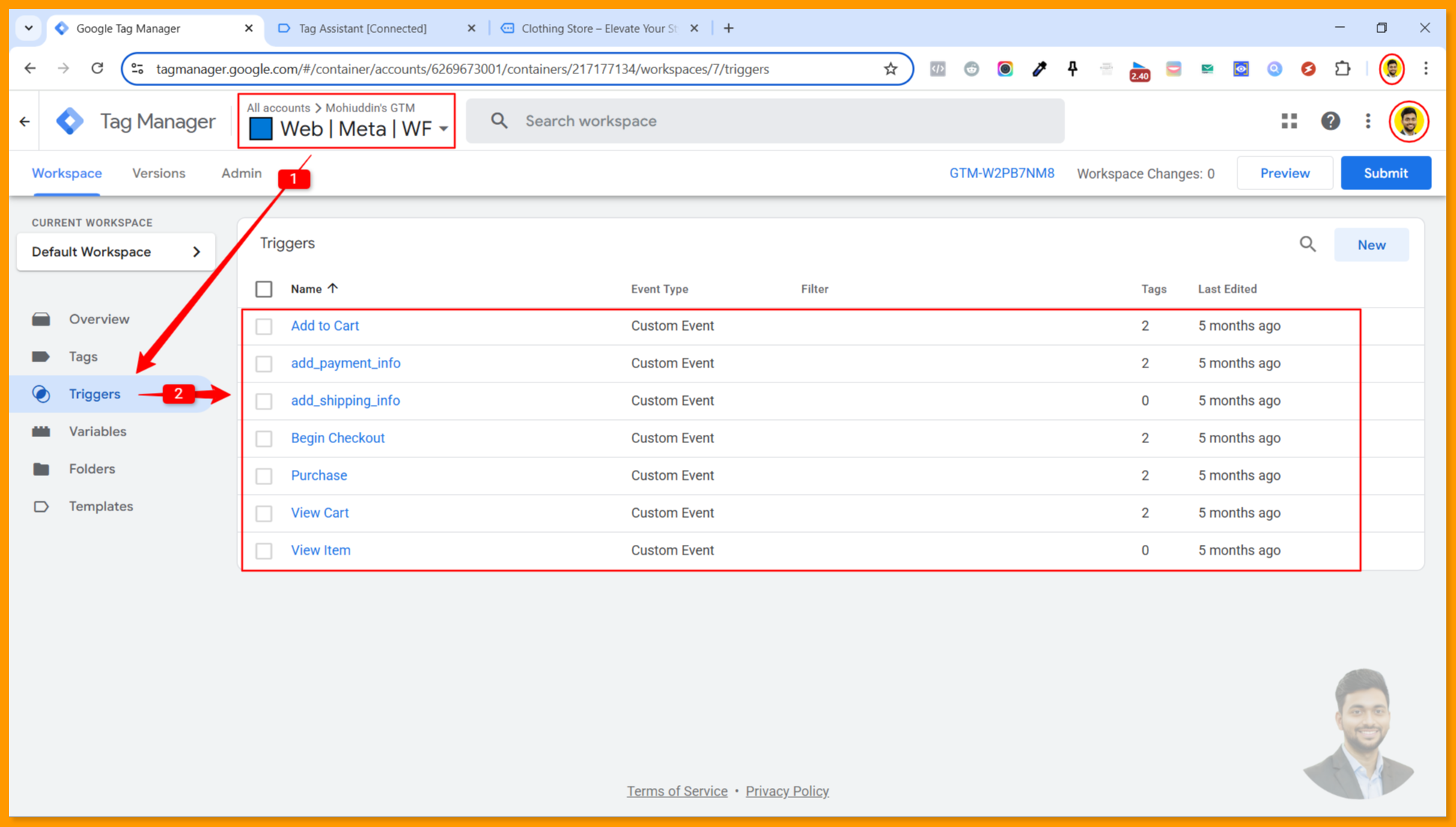 All triggers created in the Google Tag Manager browser container