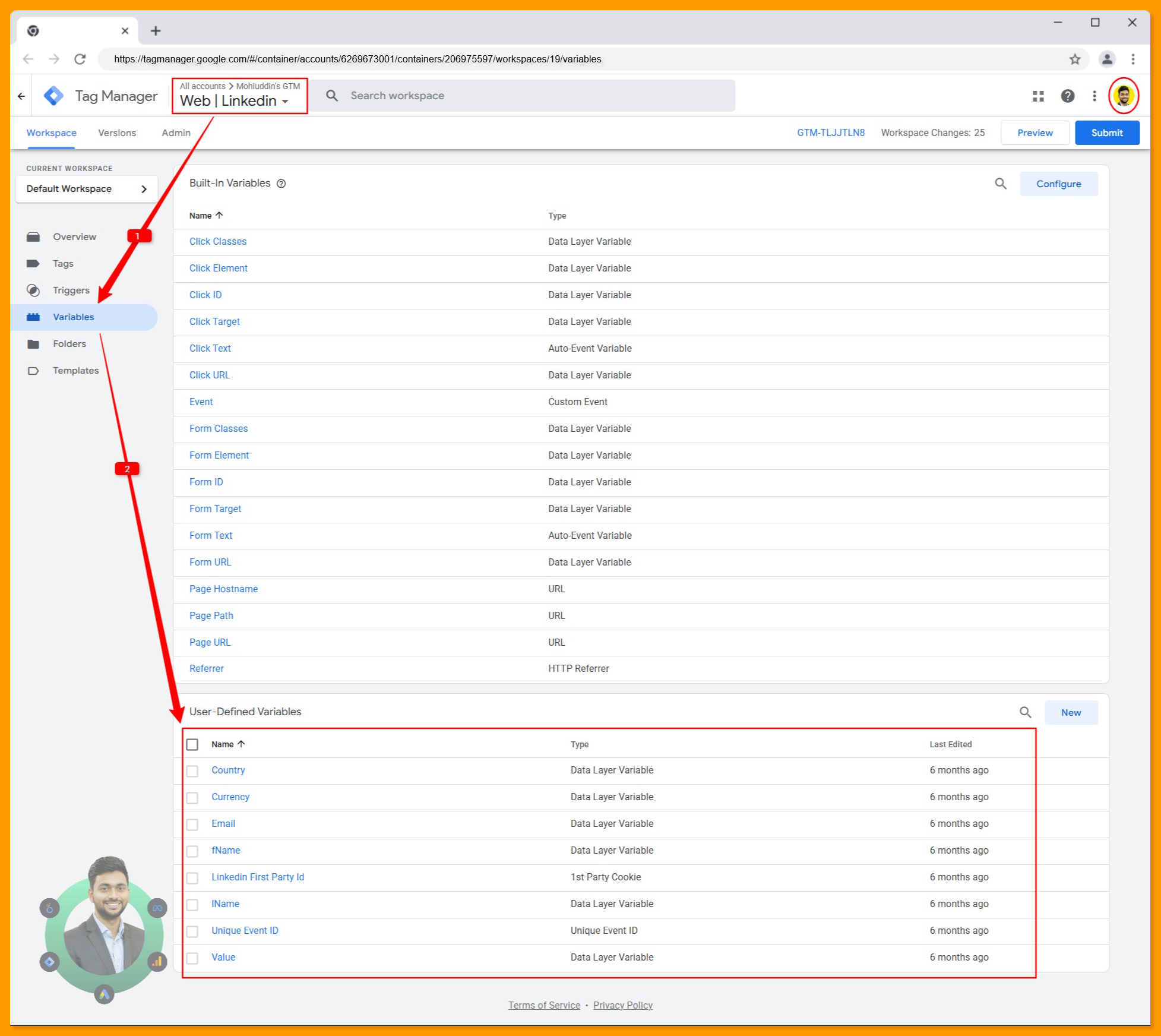 All variables created in the Google Tag Manager browser container for Linkedin ads conversion tracking