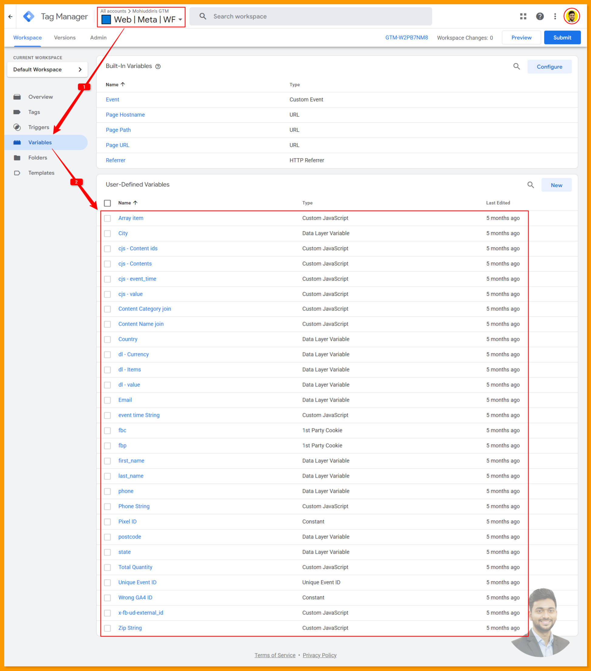 All variables created in the Google Tag Manager browser container for Meta Pixel Conversion API