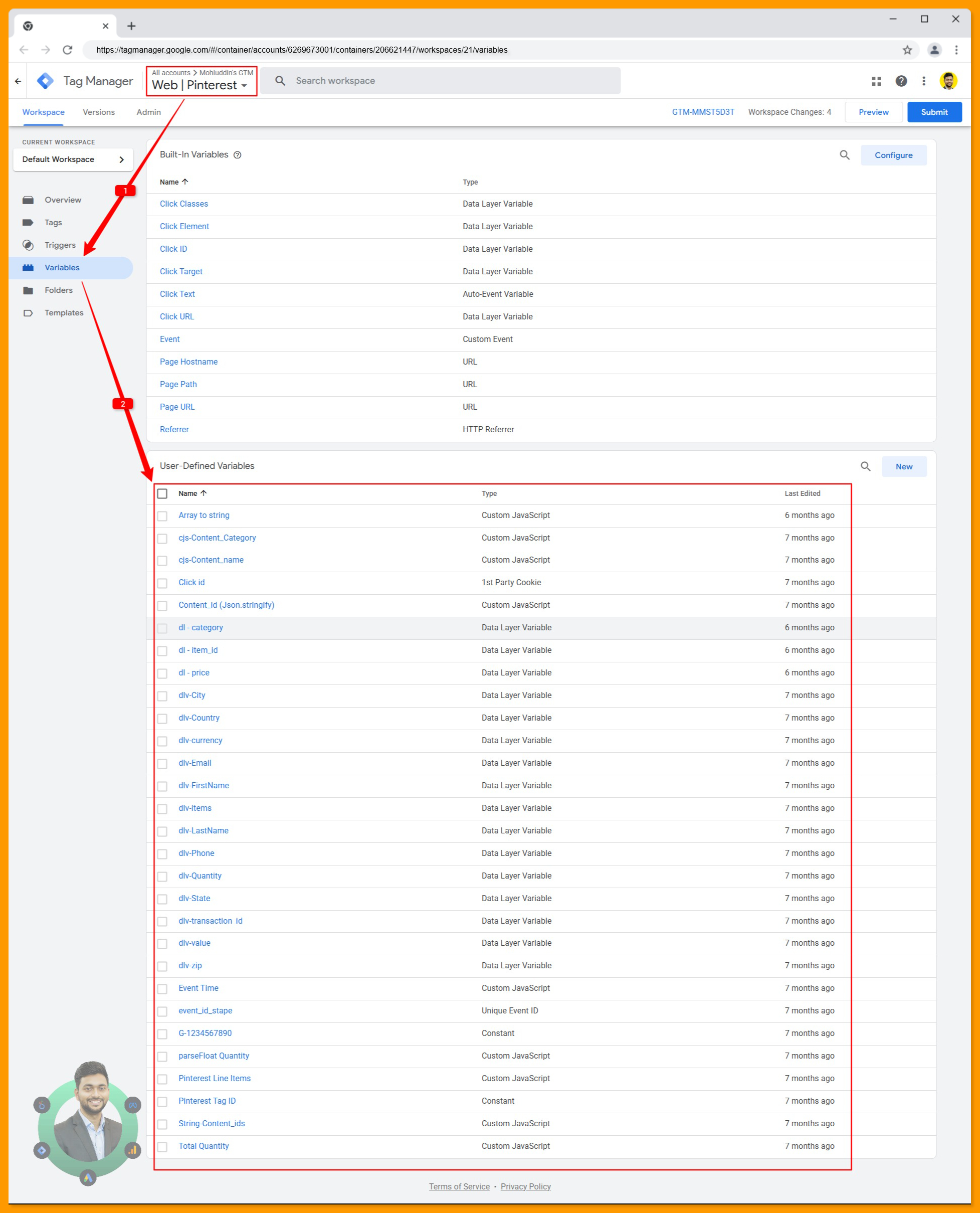 All variables created in the Google Tag Manager browser container for Pinterest ads conversion tracking