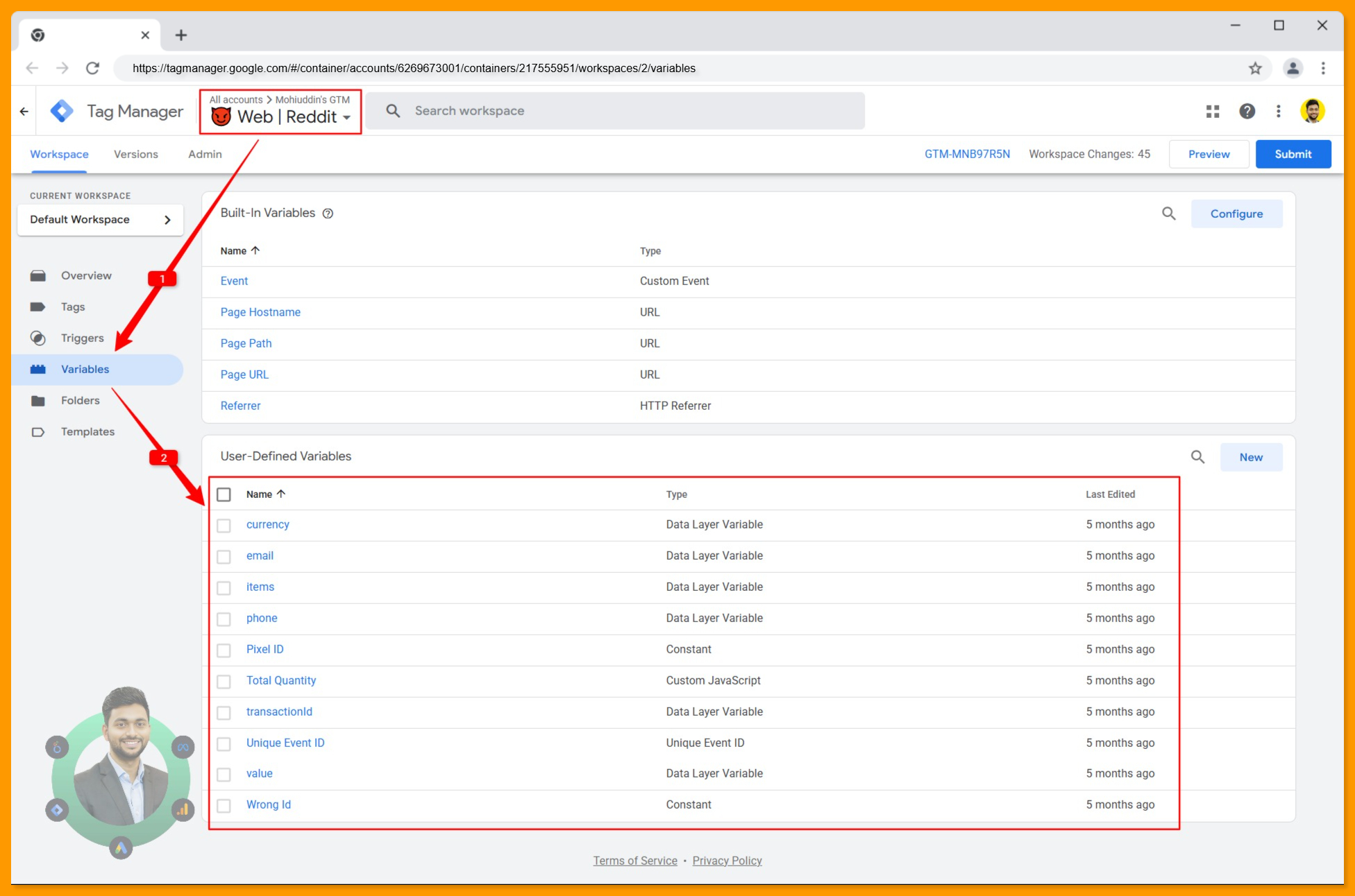 All variables created in the Google Tag Manager browser container for Reddit Ads Conversion tracking